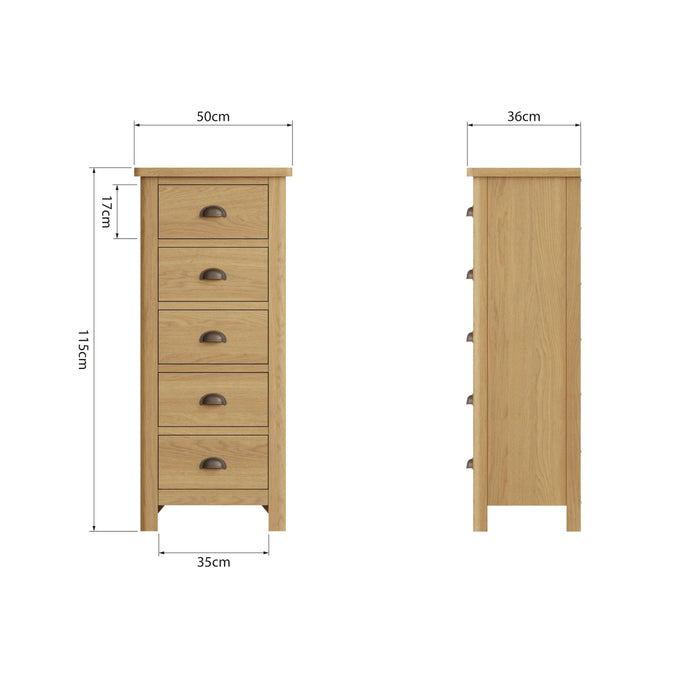 Truffle Oak 5 Drawer Narrow Chest